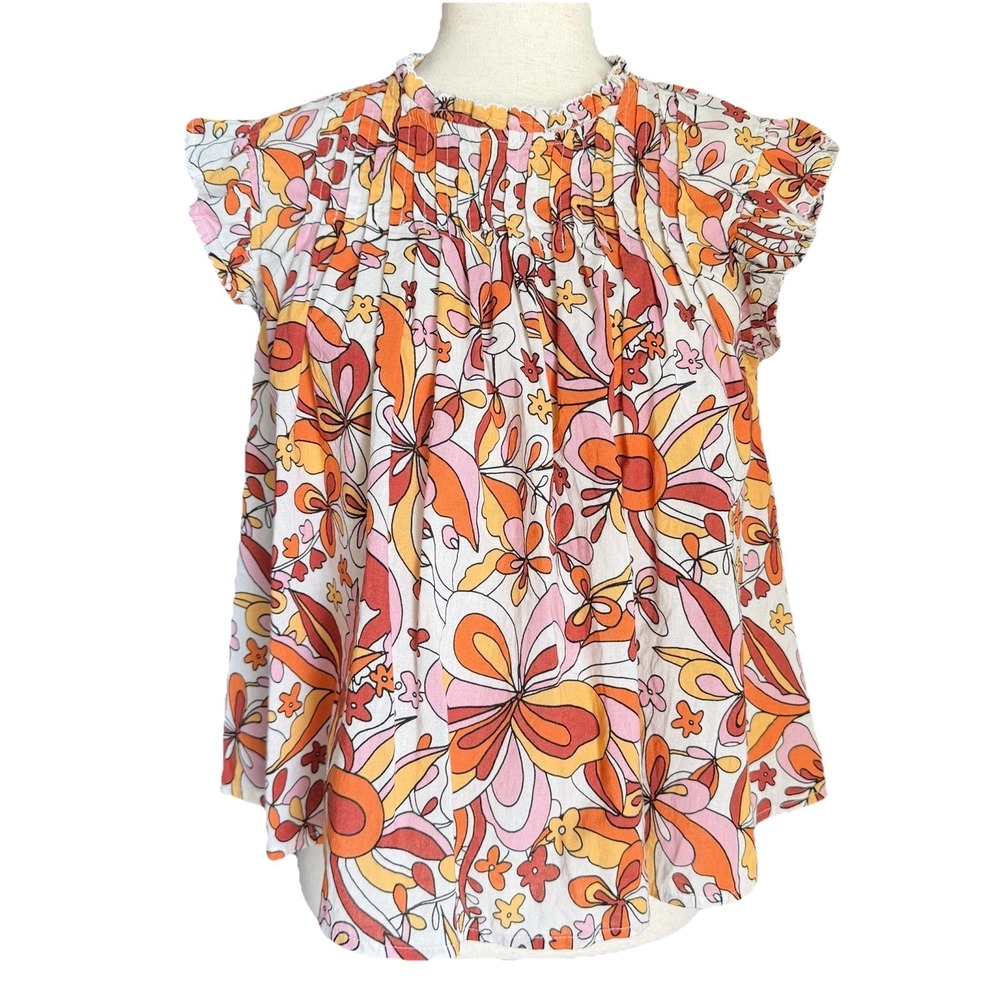 a.n.a. Short Sleeve Retro Printed Floral Blouse Petite Small Groovy 70's Revival